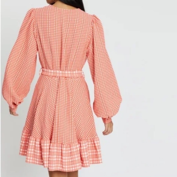 Stine Goya-NWOT “Farrow” Coral Plaid Long puff sleeve Waist Tie Flare Mini Dress - Picture 2 of 9